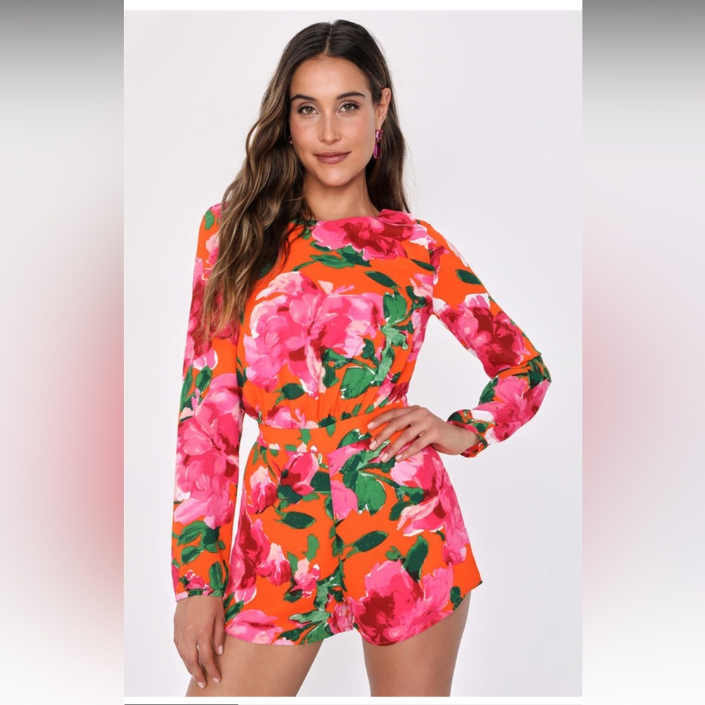 Lulus Sweetest Song Orange Floral Print Backless Long Sleeve Romper
